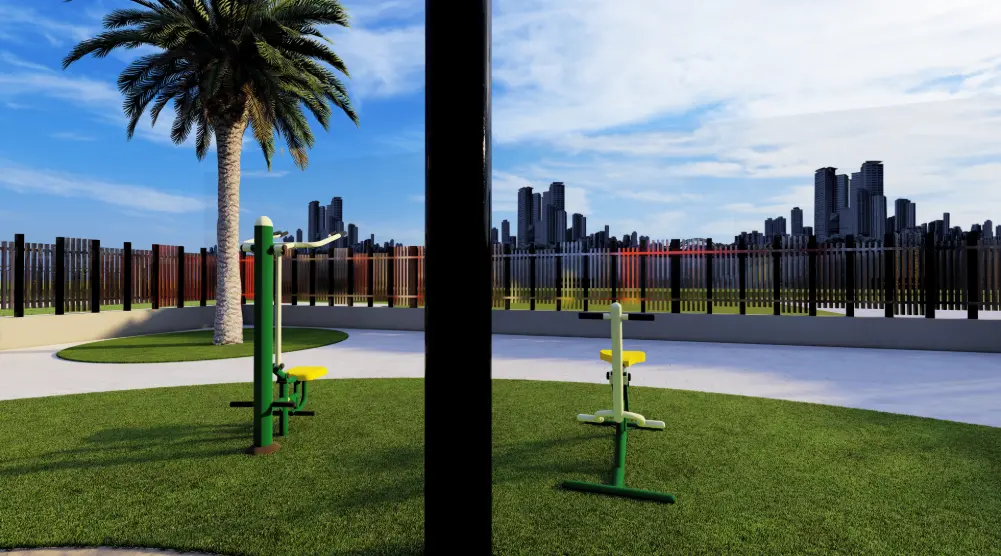 Close perspective of outdoor gym stations beside a landscaped walking path