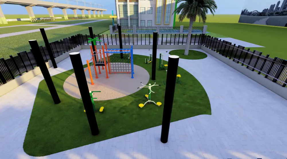 Aerial view of irregular outdoor fitness area with calisthenics bars and exercise stations