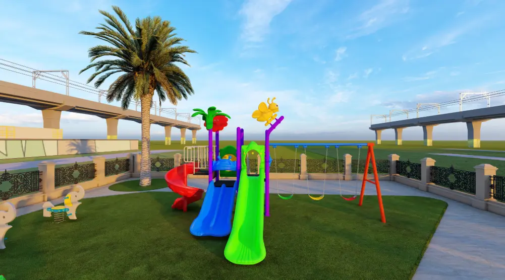 Front view of 14 × 13 m community playground with blue and green slides and swings