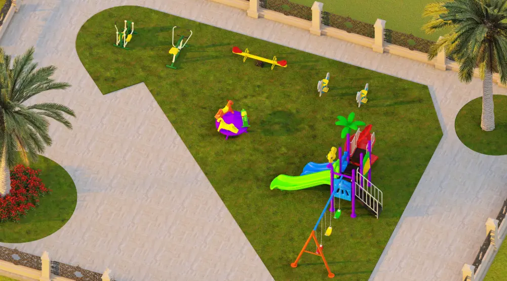 Elevated view of irregular community playground with slides, carousel and activity equipment