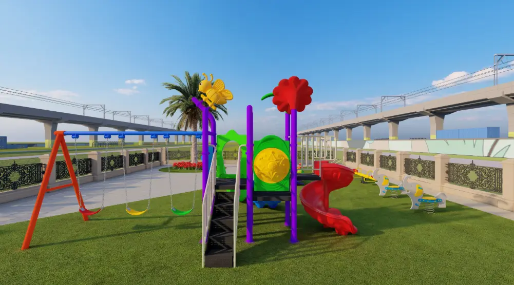 Rear view of playground tower with red curved slide, swings and climbing activities