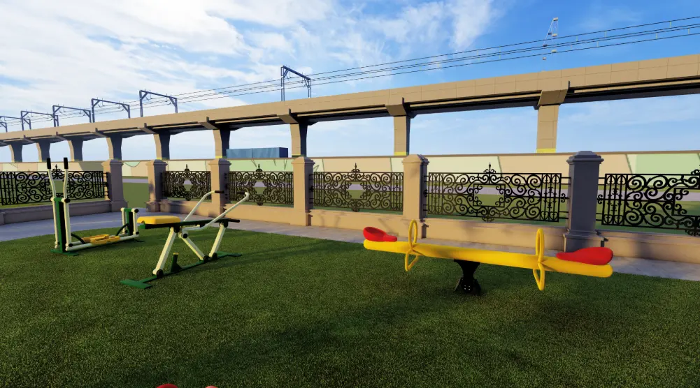 Community playground activity zone with seesaws and outdoor exercise equipment