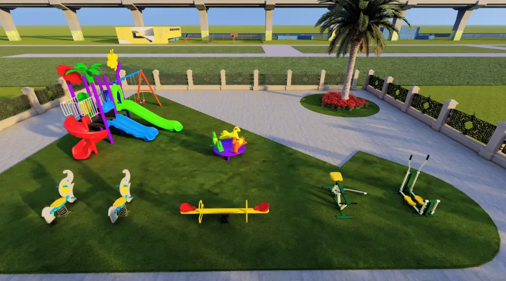 Aerial view of irregular community playground with slides, swings, carousel and spring riders