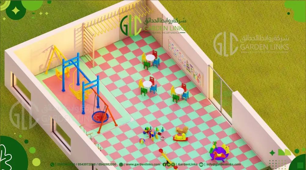 Aerial view of rectangular 18 × 10 m kids’ interactive play area