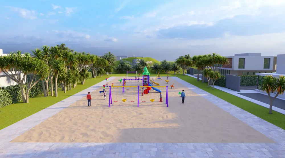 Wide front view of a 20 × 15 m outdoor playground with slides, swings and climbing equipment on sand