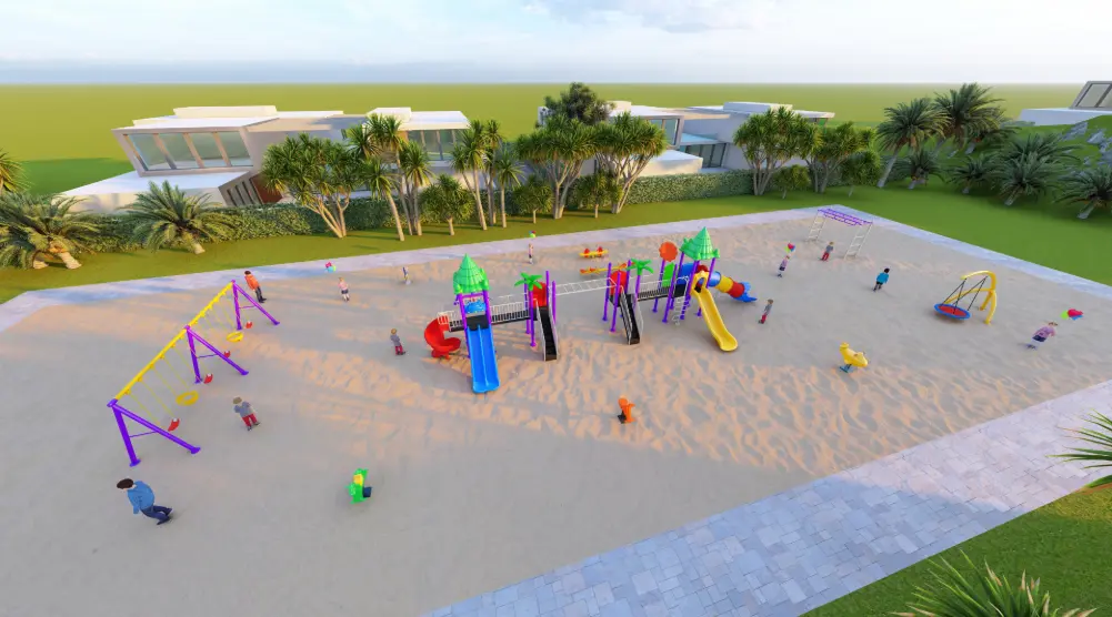 Elevated angled view of an outdoor playground with green-roofed play towers, slides, swings and spring riders