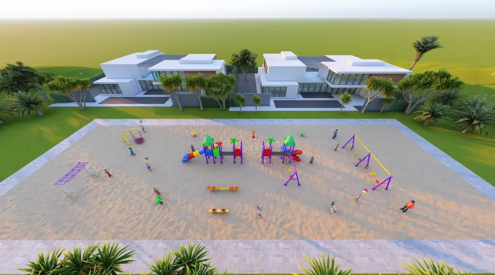 High aerial view of an outdoor playground with central play towers, swings and landscaped borders