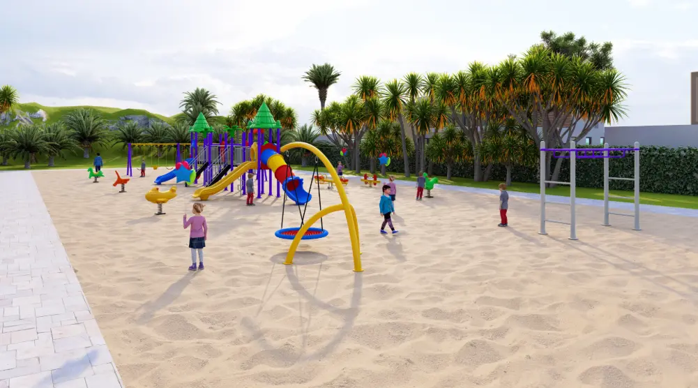 Angled view of an outdoor playground with a curved swing frame, slides and climbing bars