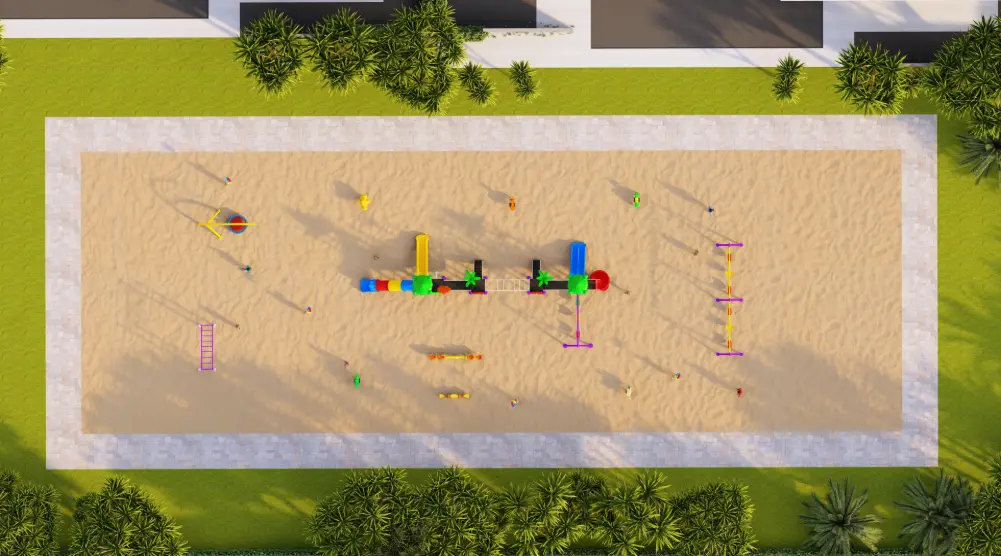 Top view of a rectangular 20 × 15 m playground with slides, swings, seesaws and climbing activities
