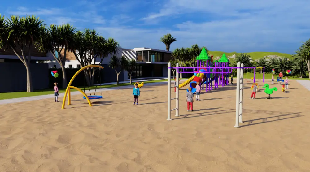 Playground climbing bars in the foreground with a curved swing frame and colorful slides behind