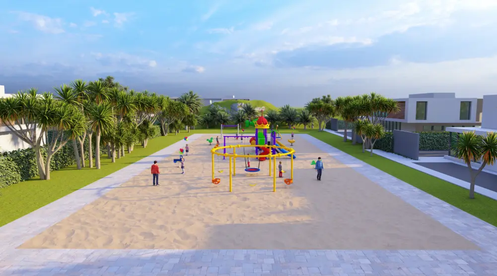 Wide front view of a 20 × 15 m playground with themed play towers, slides and a circular yellow activity frame