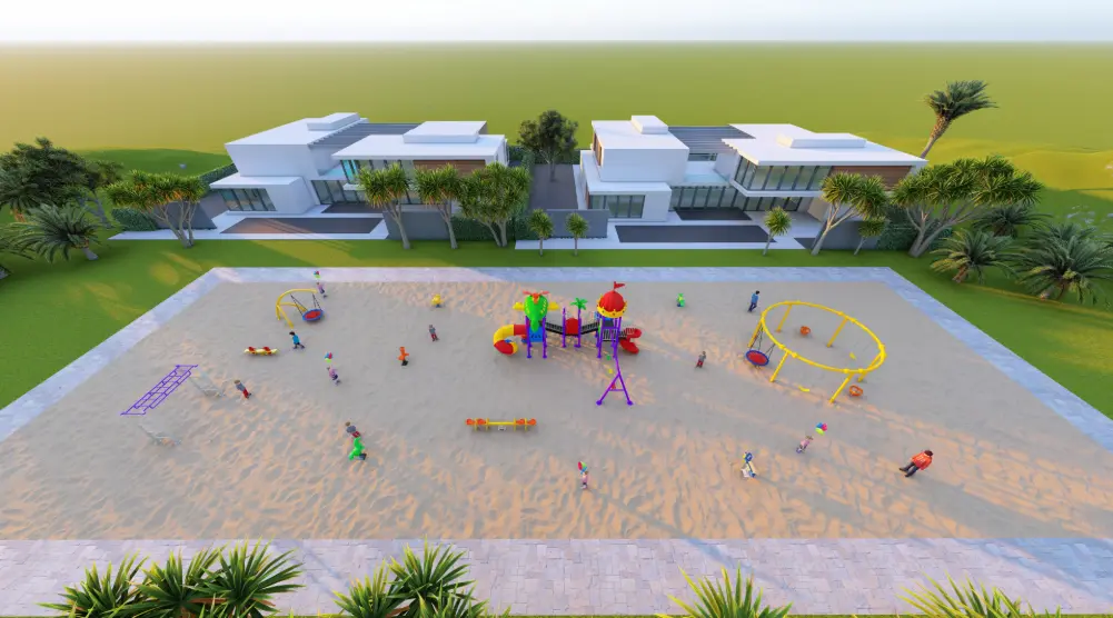 High aerial view of a themed outdoor playground with a circular yellow frame and landscaped borders