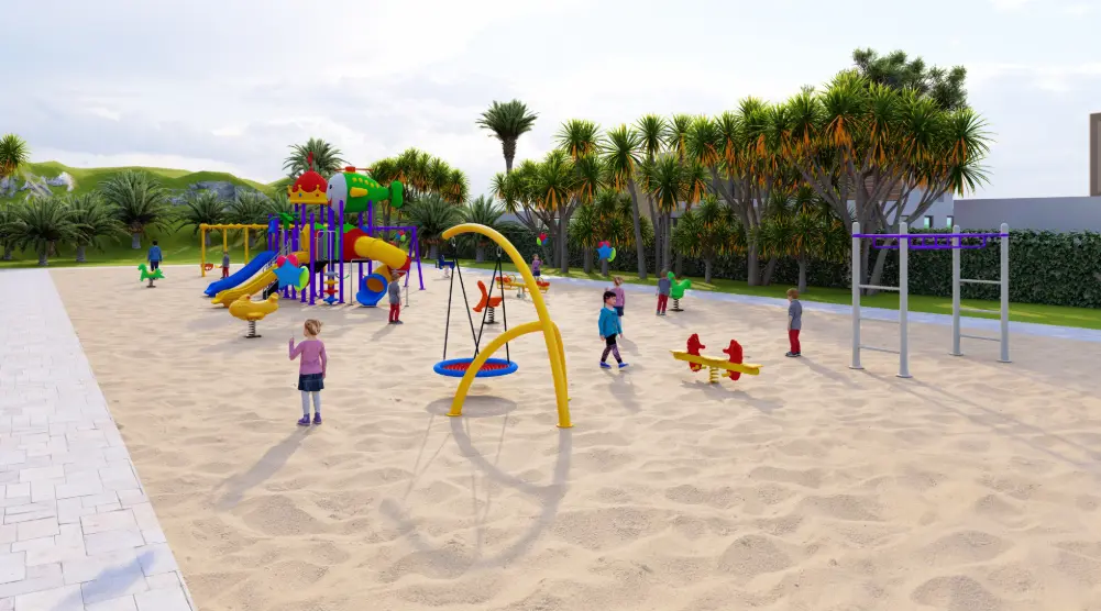 Angled playground view with a curved yellow swing frame, seesaw, climbing bars and themed play towers