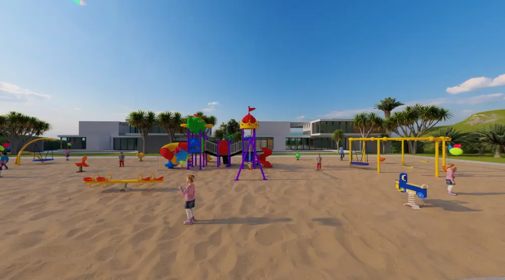 Wide side view of a themed playground with seesaws, spring riders and a yellow activity frame