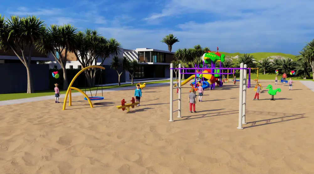 Foreground climbing bars with a curved swing frame, seesaw and themed playground structure behind