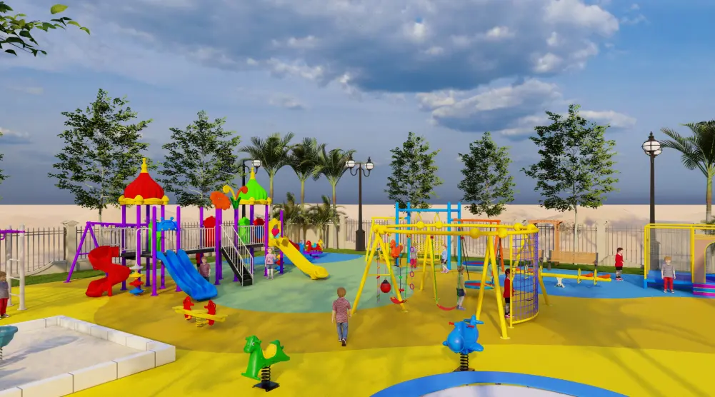 Wide view of a 20 × 20 m public park playground with slides, swings and climbing equipment
