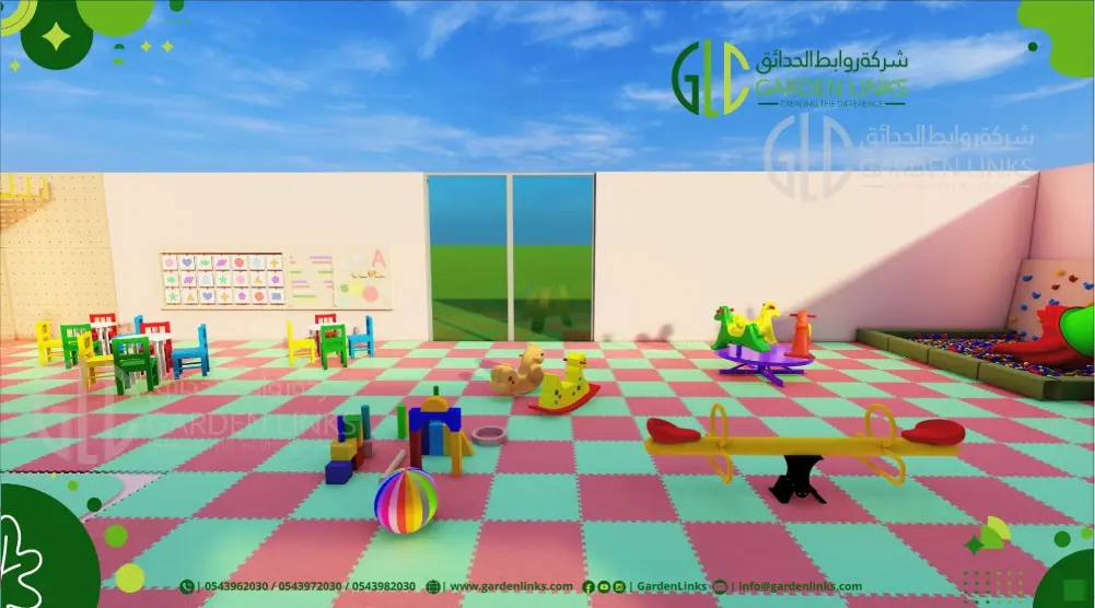 Wide kids’ interactive play area with tables, seesaws, spring riders and ball pool