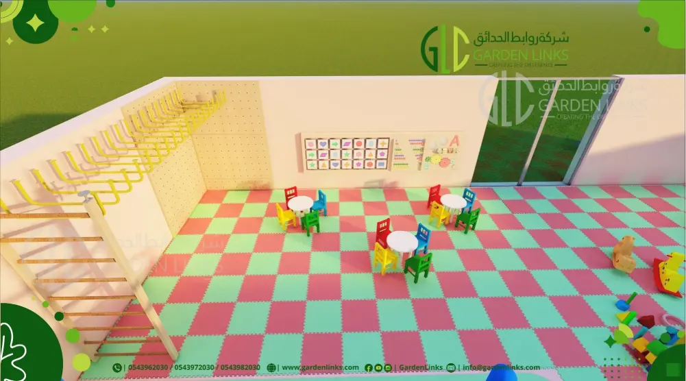 Children’s learning area with activity tables, wall games and climbing equipment