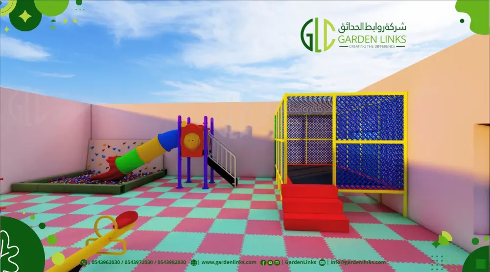 Front view of tube slide, ball pool, seesaw and trampoline play equipment