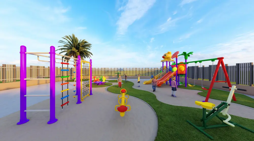 Wide view of 11.8 × 11.2 m playground and fitness area with climbing frame and slides