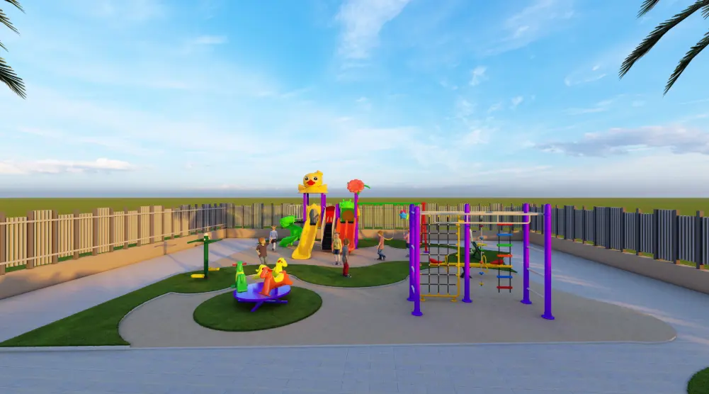 Front view of outdoor playground with slides, swings, carousel and climbing equipment