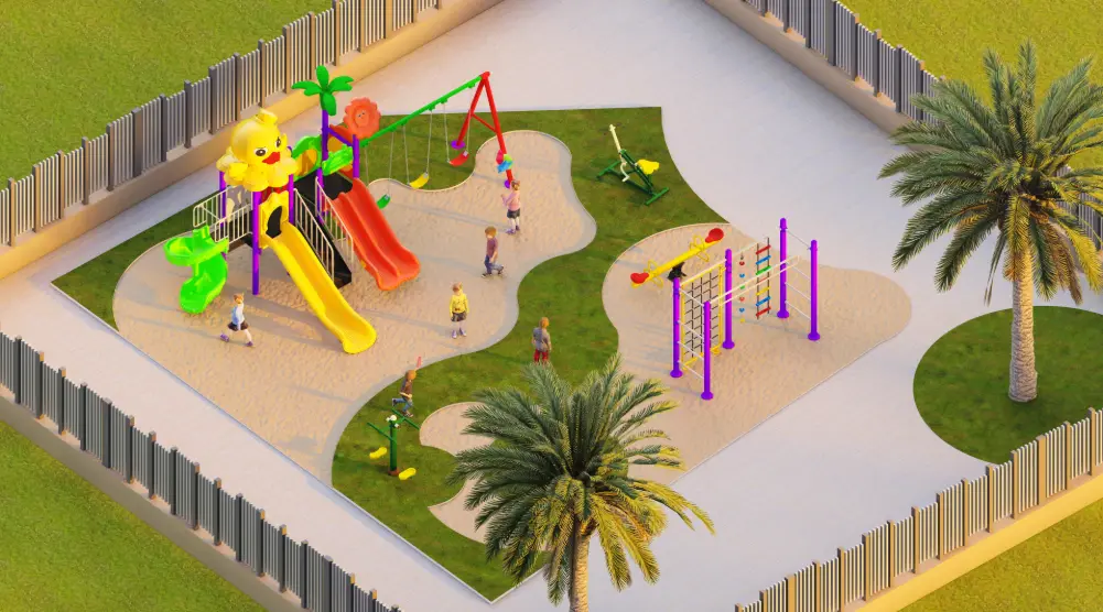Aerial view of irregular 11.8 × 11.2 m playground and fitness area
