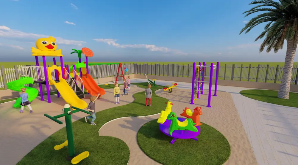 Wide playground view with multi-play tower, slides, carousel and outdoor gym equipment
