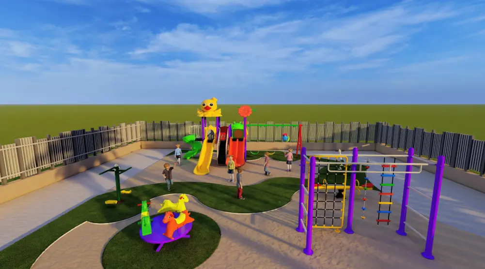 Elevated view of playground with slides, swings, climbing frame and carousel