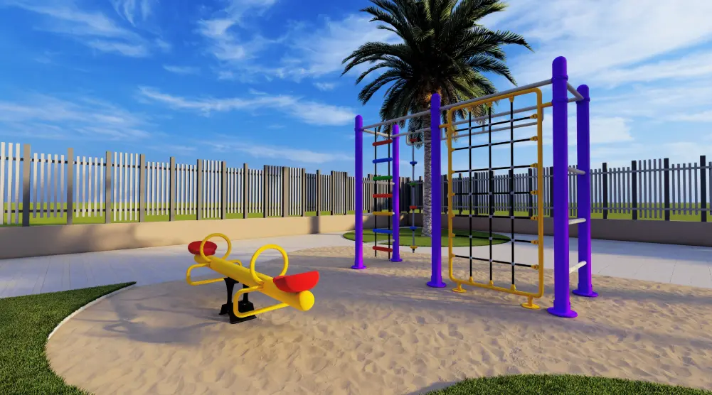 Close view of climbing frame and seesaw in an outdoor playground