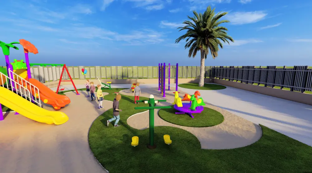 Outdoor playground with slides, carousel, climbing frame and exercise equipment