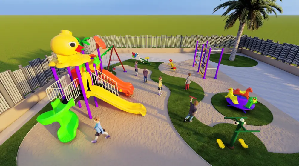 Aerial perspective of 11.8 × 11.2 m outdoor playground with play and fitness equipment