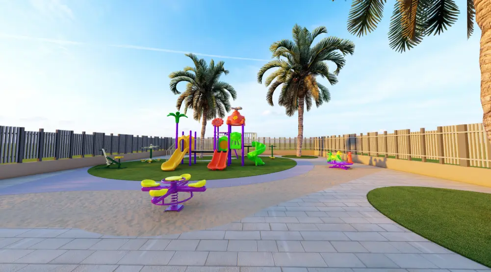 Front view of outdoor playground with slides, swings, spring rider and fitness equipment