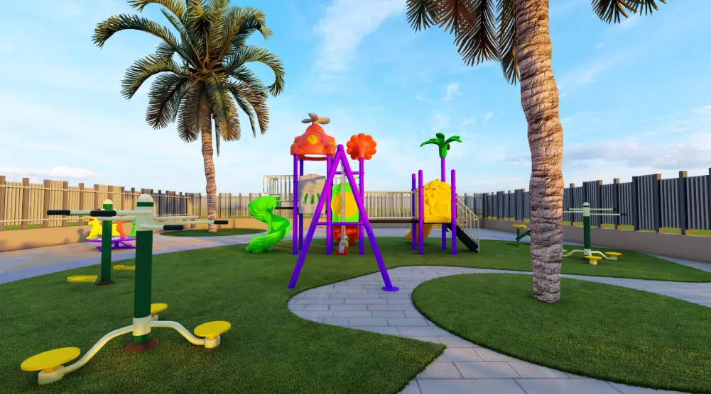 Outdoor fitness equipment beside a playground with slides and swings