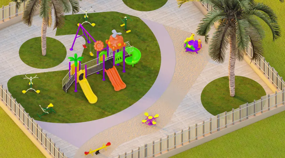 Aerial view of irregular 16 × 15.5 m playground and fitness park