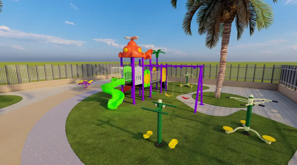 Wide view of playground with multi-play tower, slides, swings and fitness stations
