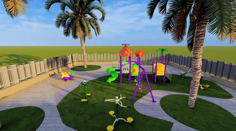 Elevated view of outdoor playground and fitness park with palm landscaping