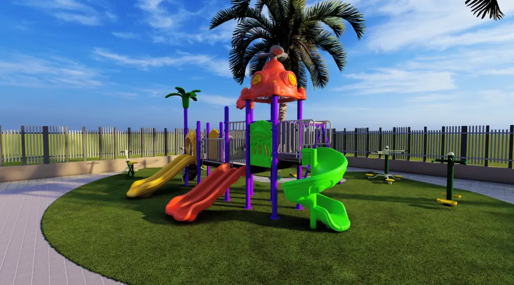 Close view of colorful play tower with spiral, straight and double slides
