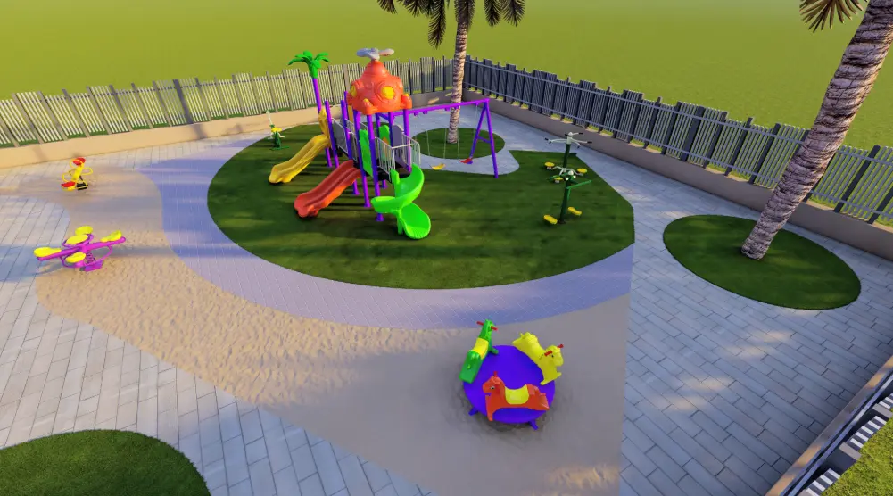 Aerial perspective of 16 × 15.5 m playground with play and fitness equipment
