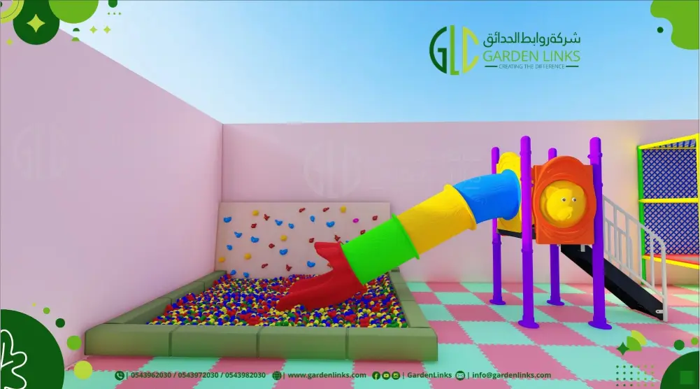 Close view of colorful tube slide, ball pool and enclosed trampoline