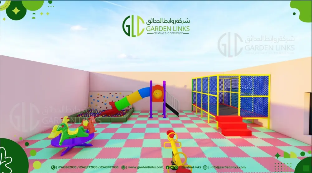 Kids’ play area with tube slide, ball pool, seesaw and enclosed trampoline