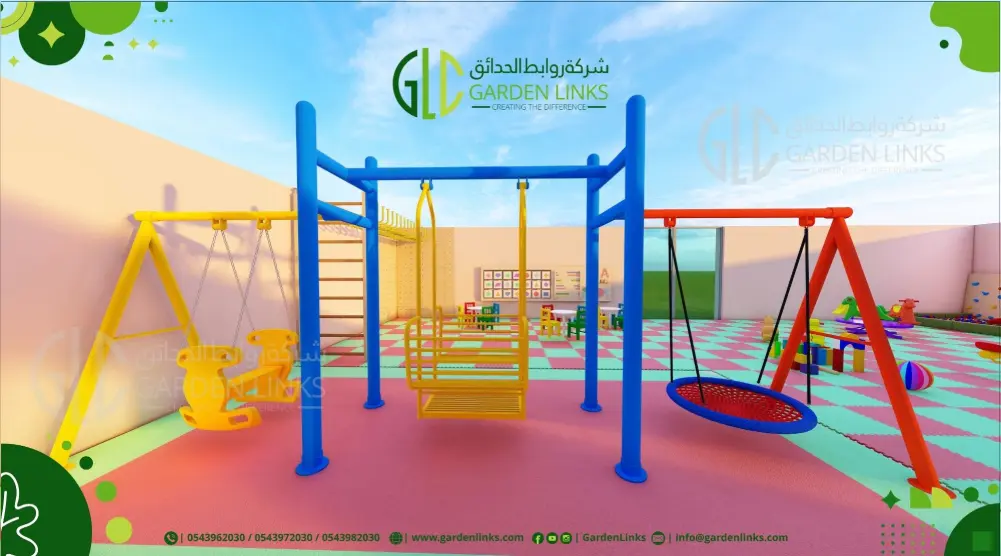 Front view of playground swings, climbing bars and basket swing on foam flooring