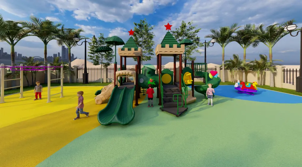 Front view of nature-themed public playground towers with green slides and climbing activities