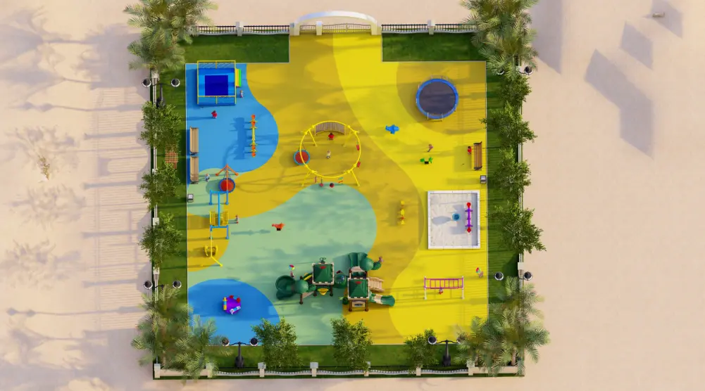 Top view of 20 × 20 m nature-themed playground with safety flooring and landscaped borders
