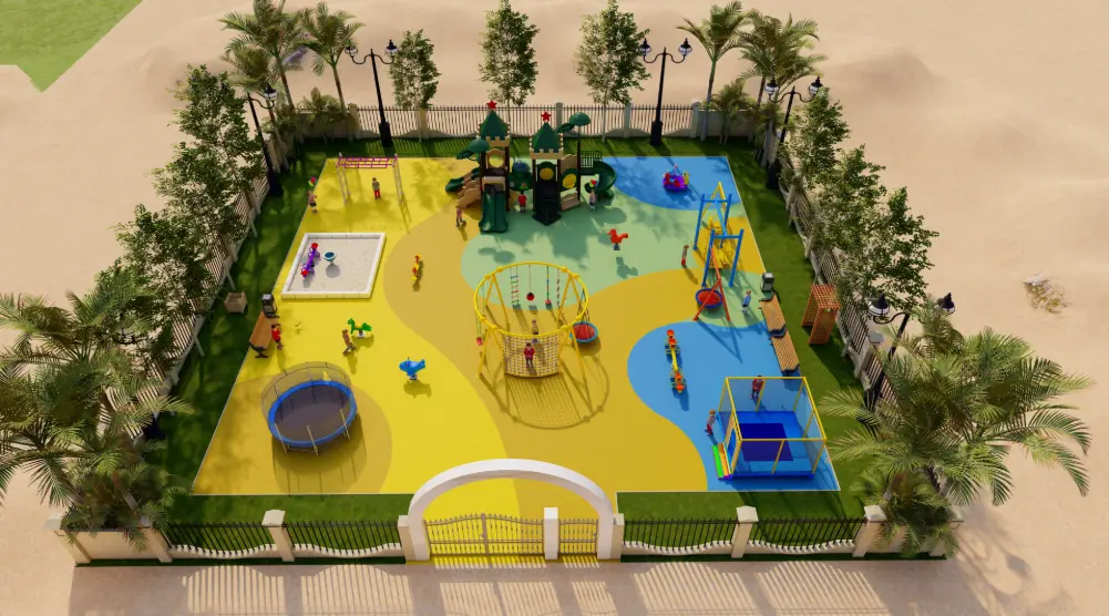 Aerial view of nature-themed public park playground with slides, climbing dome and activity equipment