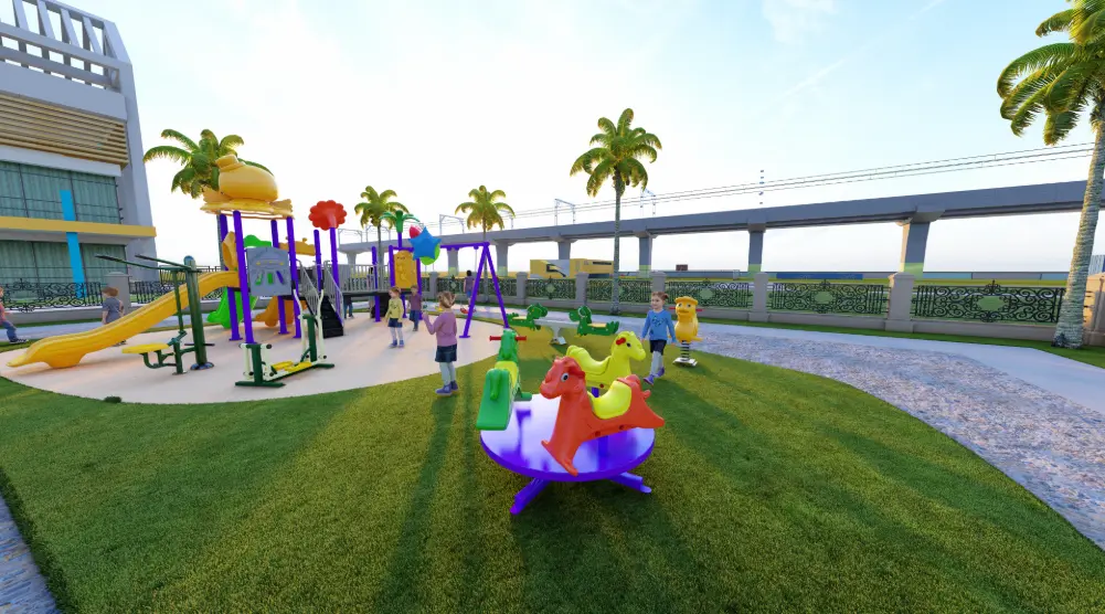Community playground design with swings, spring riders, carousel and outdoor fitness equipment