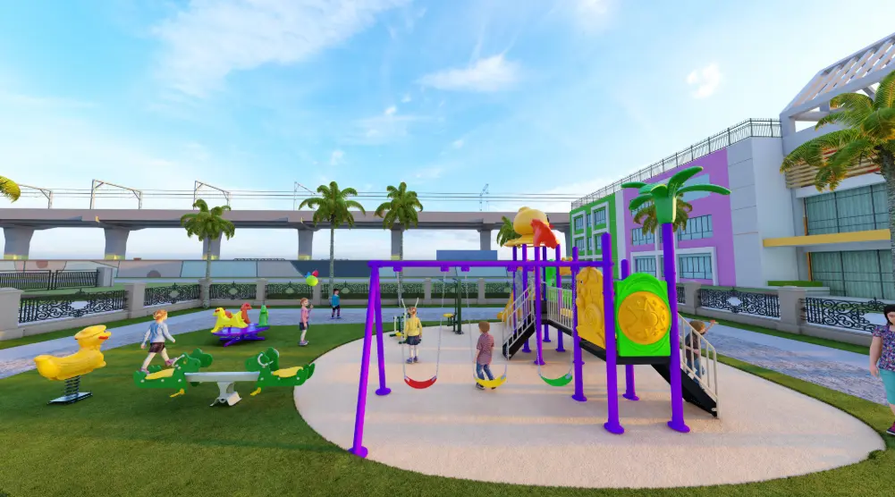Rear view of 14 × 8.5 m outdoor playground with swings, slides and spring riders