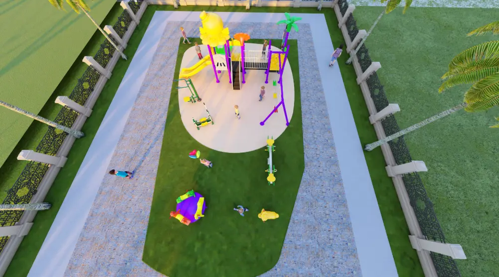 Aerial view of irregular community playground with play tower, swings and activity equipment