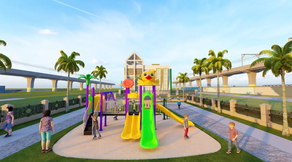 Front view of outdoor community playground with play tower and double slides