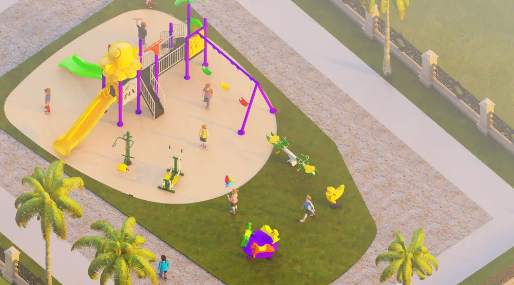 Elevated view of irregular 101.49 m² playground with slides, swings and artificial grass