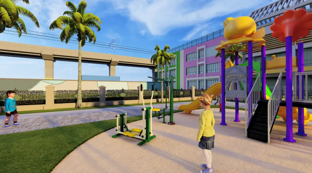 Close view of playground tower, slides and outdoor fitness equipment